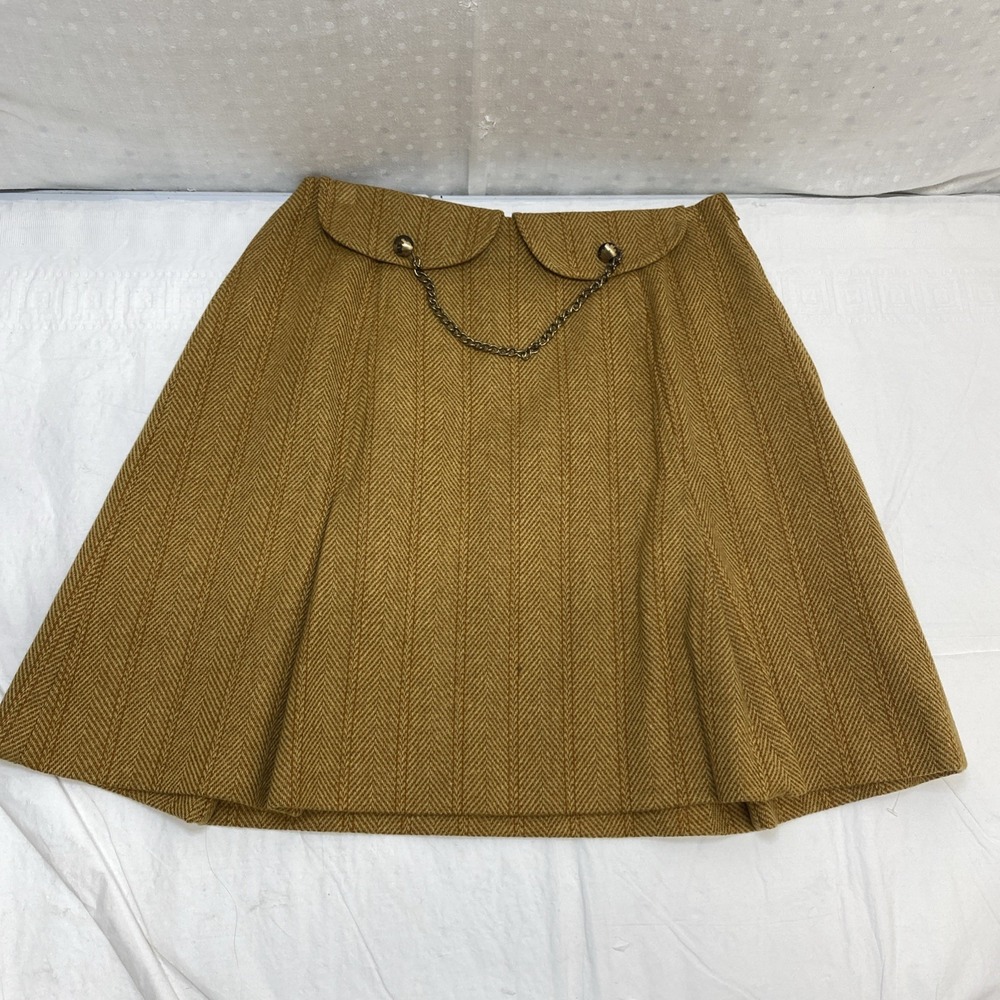 Vtg Juniorite Schoolgirl Skirt Herringbone Brown Chain Detail Preppy 24" Waist